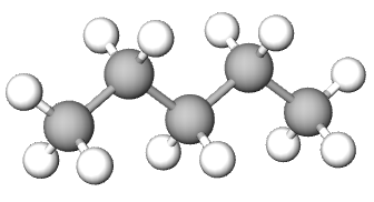 Imaginea moleculei de pentan la care se remarcă structura în zig-zag.