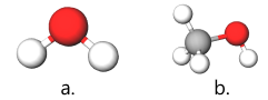 Modelul spațial al moleculei de apă (a) și metanol (alcool) (b).